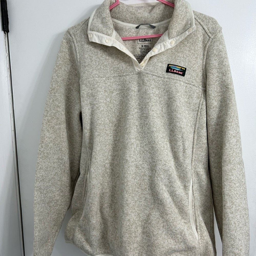 L.L. Bean Heathered Cream Quarter-Snap Fleece Pullover